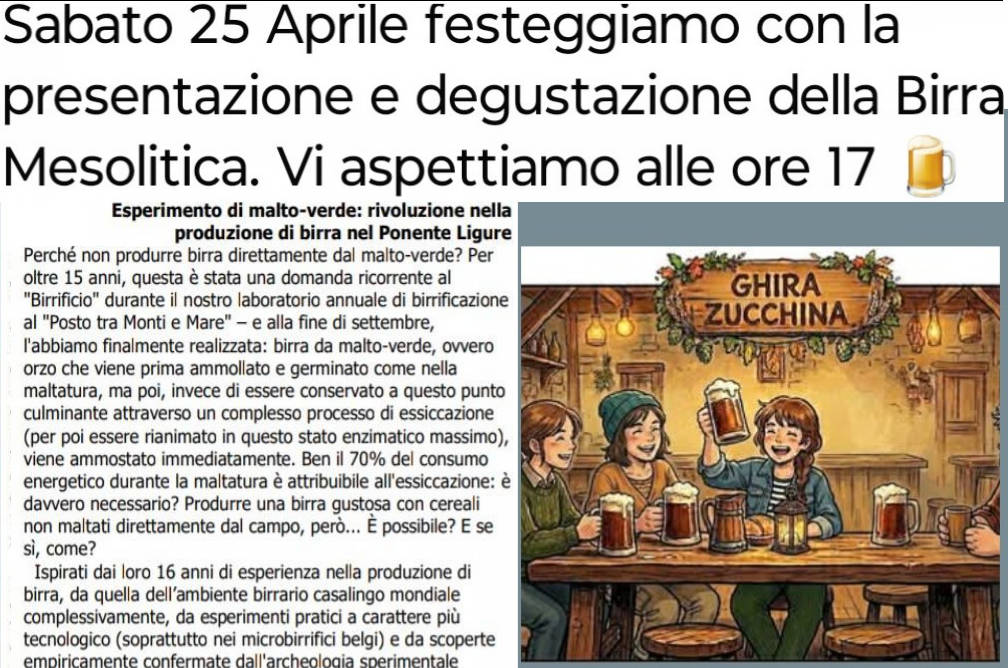 25.April: Festa della Liberazione, Birra Mesolitica in Bajardo, Bierbrau-Revolution mit Grünmalz im Westen Liguriens, Settimana Rusticale, Festa di Staffele Holza!